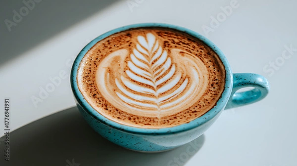 Fototapeta A cup of coffee with a leaf design on top