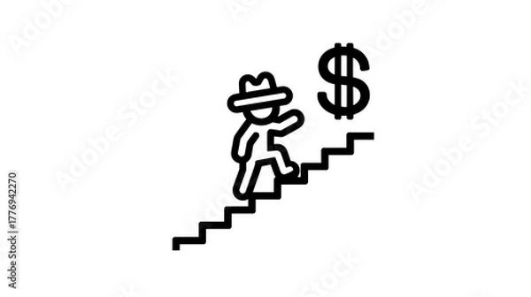 Fototapeta A man in a hat is climbing a set of stairs with a dollar bill in his hand