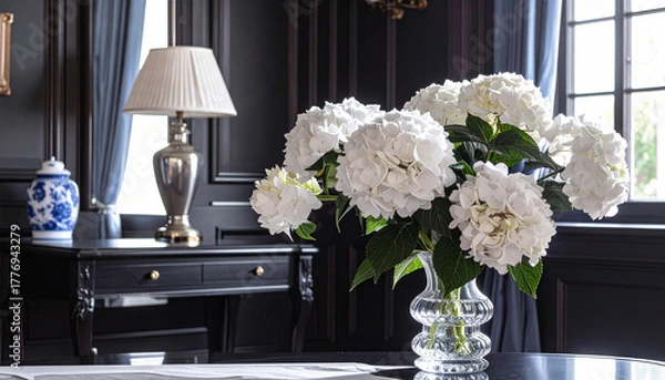 Obraz white hydrangeas, ambient, glass vase, flower arrangement, interior design, traditional decor, window, elegant, lamp, light, black walls, house, home, interiors, lighting