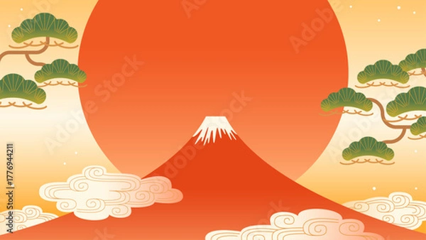 Obraz 富士山の和風背景　お正月素材