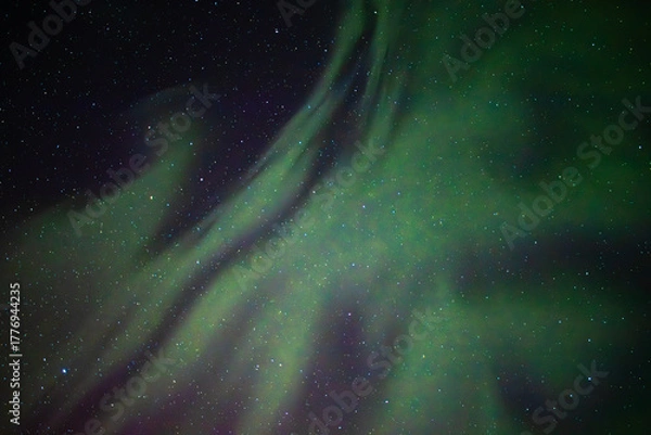Fototapeta Green Northern light or aurora borealis dancing across starry Arctic night sky