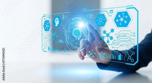 Fototapeta Engaging with advanced artificial intelligence and data technology on a virtual screen