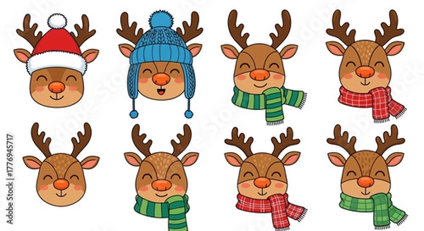 Fototapeta Set of Cartoon Reindeer Heads with Festive Winter Hats and Scarves for Holiday Designs