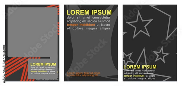 Obraz A set of three modern vector design templates, predominantly featuring a dark charcoal gray background. The first design integrates dynamic orange-red chevron stripes and a framed gray space. The seco