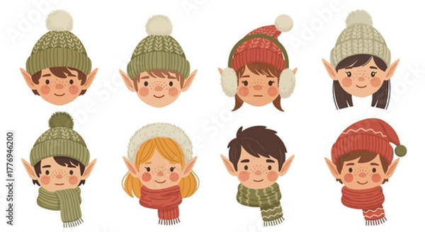 Obraz A delightful collection of festive Christmas elf portraits, each character wearing a unique and cozy winter knit hat and scarf