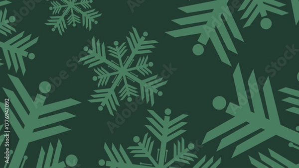Fototapeta A festive and geometric seamless vector pattern featuring stylized snowflakes and fragmented star/pine motifs scattered across a deep, muted forest green background. The design uses a monochromatic pa