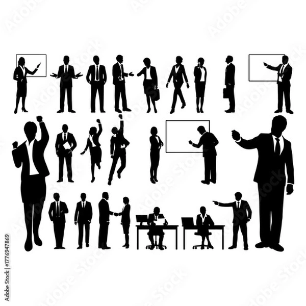 Obraz A collection of black silhouette figures depicting business people in various poses, including presenting, standing, walking, working at desks, and shaking hands.