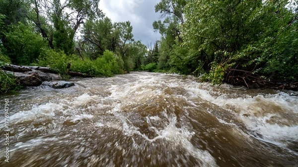 Obraz Rushing River with Rapids in a Dense Forest under a Stormy Sky