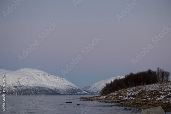 Fototapeta Twilight over snowy fjord and winter shoreline in Arctic Tromsø, Norway