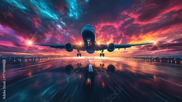 Obraz Airplane Taking Off at Sunset with Dramatic Sky