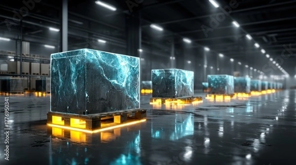 Fototapeta Futuristic Warehouse Scene with Glowing Cubes on Pallets and Reflections