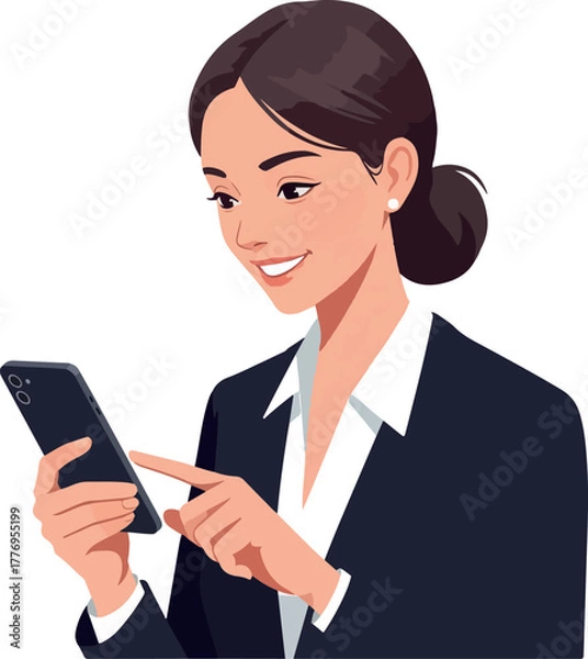 Fototapeta Young Business Woman Smiling While Texting on Smartphone Dark Suit