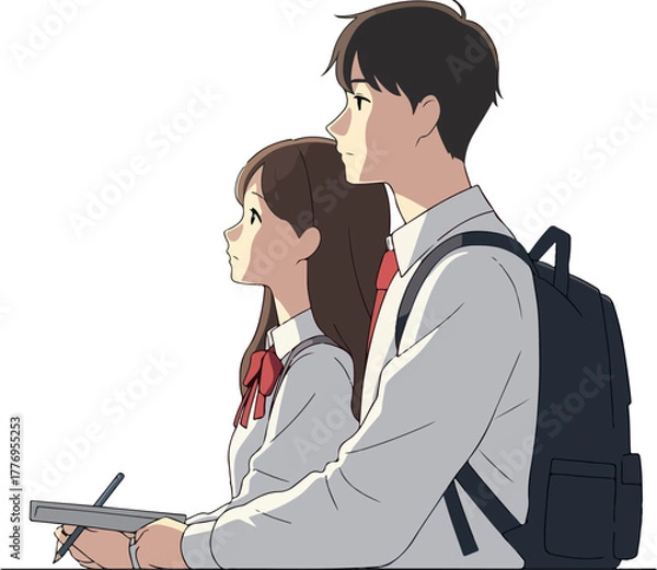 Obraz Young Couple In School Uniforms Looking Up Together With Backpacks
