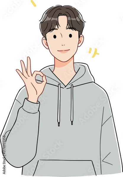 Obraz Young Man Gray Hoodie OK Gesture Minimalist Flat Design Vector Illustration