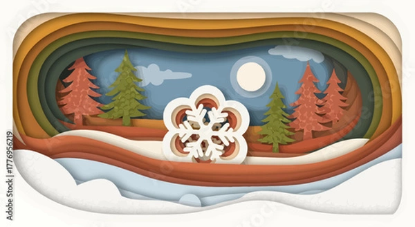Fototapeta A beautiful winter landscape made with layered paper art, featuring a prominent snowflake, trees, and the moon.