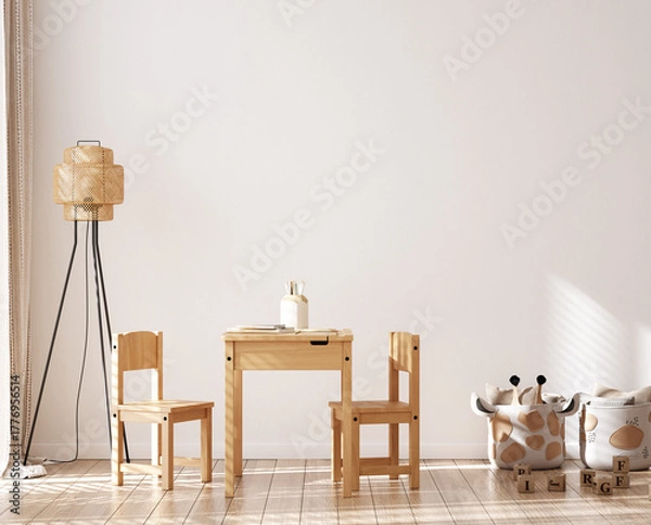 Fototapeta Blank wall mockup in children's playroom, minimalist interior with natural wooden desk and chairs, 3D render