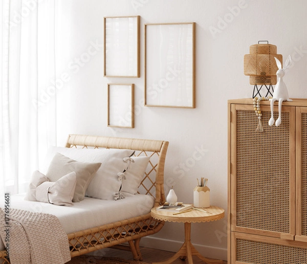 Fototapeta Poster frame mockup in beautiful nursery with rattan furniture, soft toys and swings, Scandi-Boho children room interior, 3d render