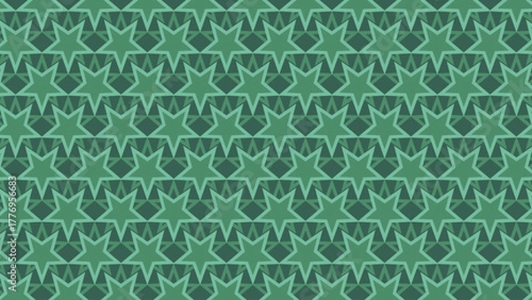 Fototapeta 106.epsA highly structured, seamless geometric pattern featuring rows of interconnected six-pointed stars and spiked triangular elements in a deep, monochromatic emerald and dark forest green palette.