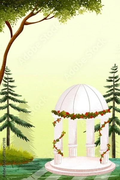 Obraz A green pine forest backdrop with a gazebo decorated with roses, the ideal background for wedding invitations. 