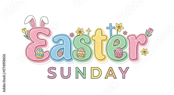 Fototapeta Easter sunday text decorated with flowers and bunny ears isolated on white background