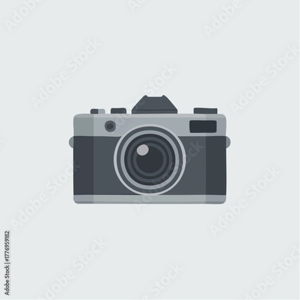 Obraz Flat design illustration of a vintage analog camera with a lens, centered on a light grey background.