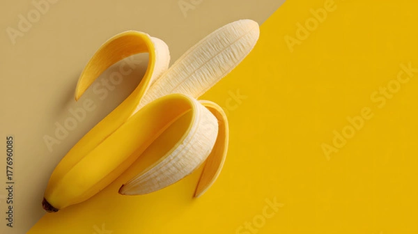 Fototapeta A vibrant image of a peeled banana on a yellow background, showcasing freshness and the concept of healthy eating. The banana is placed against a yellow backdrop 