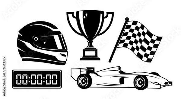 Fototapeta Racing themed vector set of car, helmet, trophy, flag, timer on white background