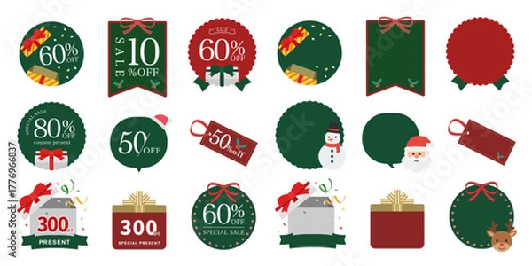 Obraz シンプルでかわいいクリスマスプレゼントモチーフの販売促進バッジ、タグ、あしらいセット