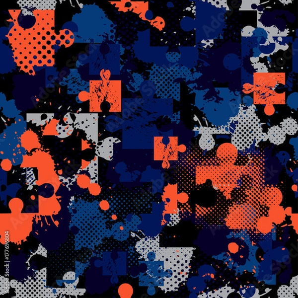Fototapeta Abstract seamless puzzle pattern for girls, boys, clothes, sportswear. Creative vector background with puzzle, square, splash, dots.Funny wallpaper for textile and fabric.Fashion style.