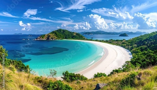 Fototapeta Panoramic Tropical Beach Paradise With Lush Green Hills And Turquoise Ocean Water Under a Bright Blue Sky With Fluffy White Clouds