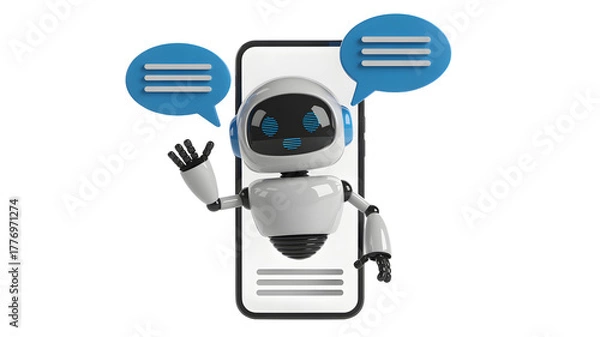 Obraz Friendly chatbot assistant waves hello from a smartphone screen with chat bubbles