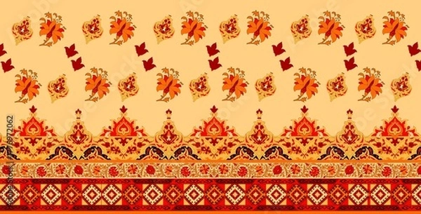 Fototapeta Ornate floral pattern with geometric border on beige background