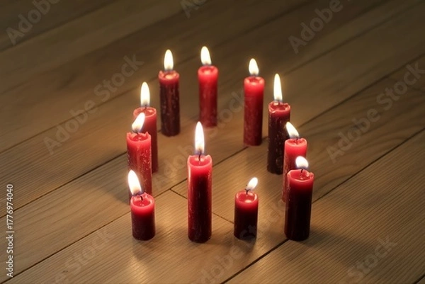 Fototapeta red candle on wooden floor. Ritual at home