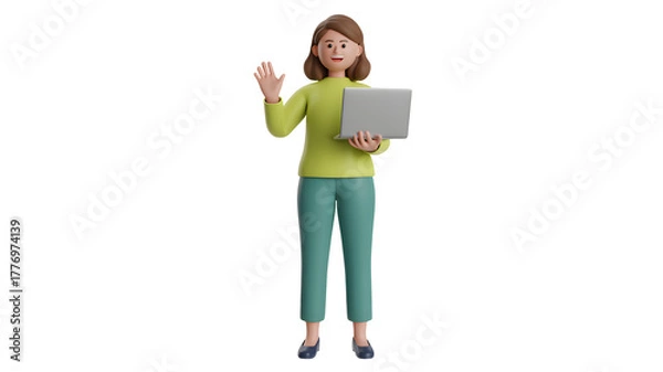 Obraz Cheerful woman waves hello holding laptop, ready for business communication and collaboration