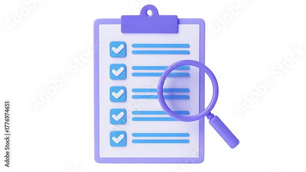 Obraz Detailed checklist review with magnifying glass for thorough analysis and project completion.