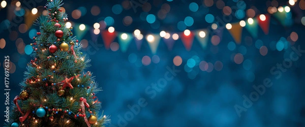 Fototapeta christmas tree with decorations on a dark purple background with bokeh lights