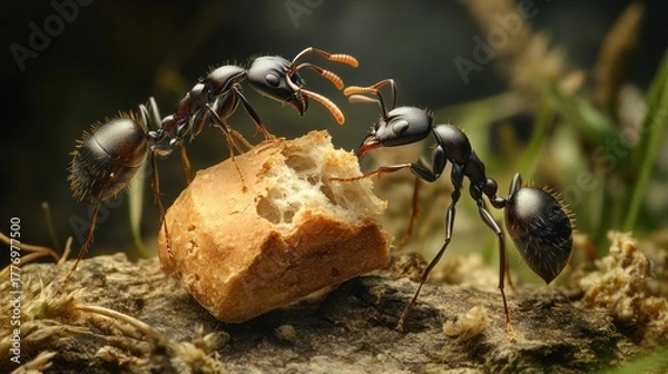 Obraz Two ants work together to eat a piece of bread in the forest. Stock photo
