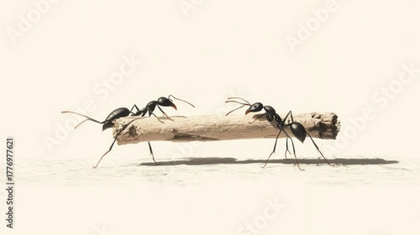 Obraz Two ants carrying a cylinder in white background, for concept illustration