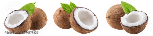 Fototapeta fresh coconuts with green leaves on white background