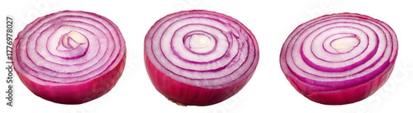 Fototapeta three sliced red onions isolated on white background.