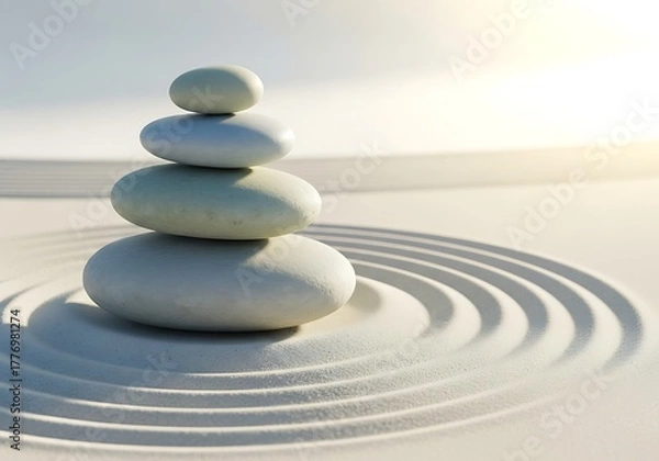 Fototapeta Zen garden harmony stacked stones balanced on raked sand with soft sunlight
