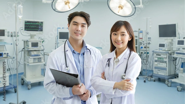 Obraz Medicine and healthcare concept :  happy and cheerful asian doctors , Male and Female are smiling in Operating Room.
