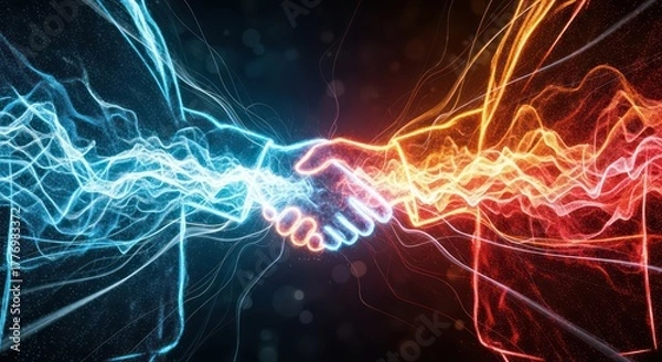 Fototapeta Modern office space with large digital displays showing colorful abstract wave patterns.