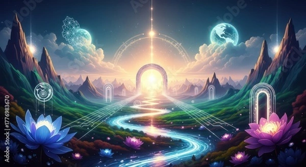 Fototapeta A mystical, ethereal landscape with a glowing river leading to a celestial portal surrounded by mountains and lotus flowers.