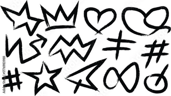 Fototapeta Collection of hand drawn black graffiti symbols and icons on white background