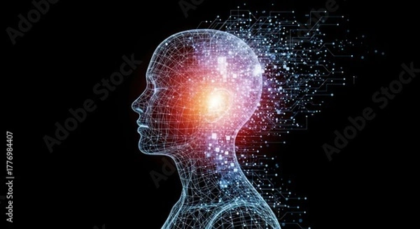 Fototapeta Futuristic concept of artificial intelligence with a glowing digital human head dissolving into particles.