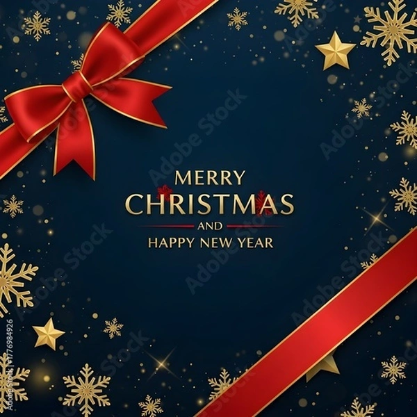 Obraz Elegant Christmas greeting card design with golden snowflakes and a festive red ribbon on a dark blue background for joyful holiday celebrations