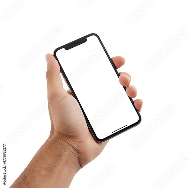 Obraz Male hand holding smartphone with transparent background, modern mockup for mobile app presentation