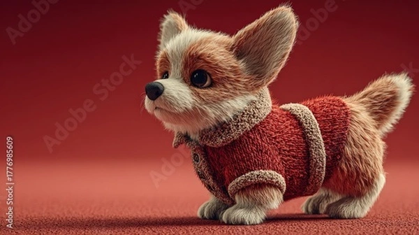 Fototapeta Premium studio-lit corgi Santa, festive solid red, top copy-area, no text no logo—ideal for brand card, splash screen, calendar cover, e-com hero, PSA ad.