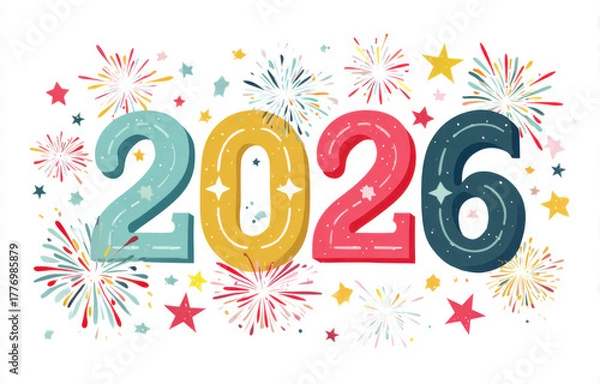 Fototapeta Celebratory illustration featuring year 2026 with colorful fireworks and stars, creating festive atmosphere for New Year celebrations